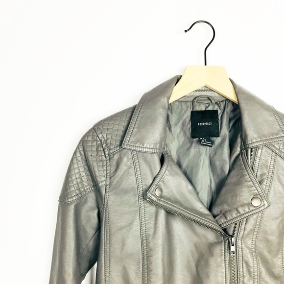 forever 21 gray faux leather quilted moto jacket - Picture 6 of 8